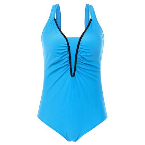 Women Pure Color One Piece Backless Front Fold Swimwear