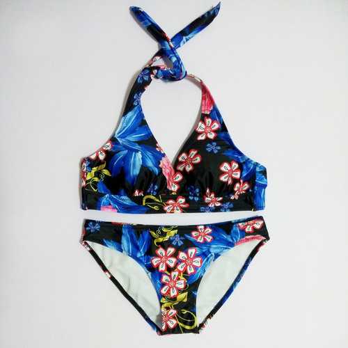 Women Sexy Swimsuit Triangular Tie Hanging Neck Flower Printing Bikini Set