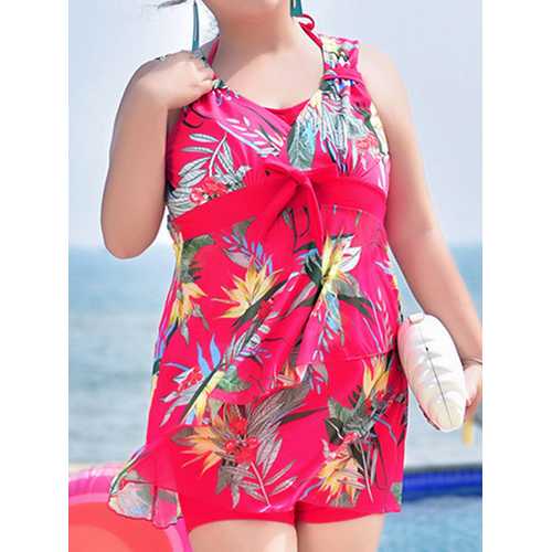 Plus Size Bow Sleeveless Floral Printed Wireless Swimdress