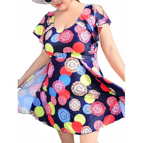 Plus Size Push Up Printing U Shape Back Boyshort Swimdresses