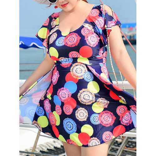 Plus Size Push Up Printing U Shape Back Boyshort Swimdresses