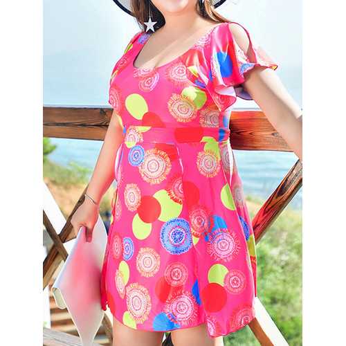 Plus Size Push Up Printing U Shape Back Boyshort Swimdresses