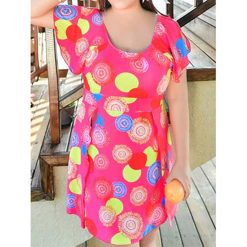 Plus Size Push Up Printing U Shape Back Boyshort Swimdresses