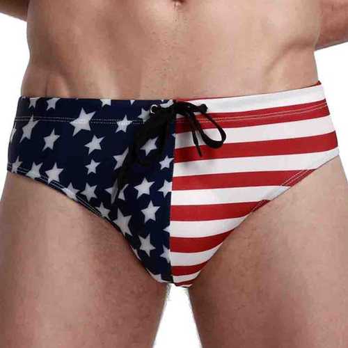 Mens American Flag Printing Beach Sports Briefs Casual Bikini Sexy Low Waist Trunks