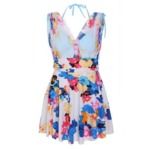 Cozy Flower Printing Double V Underwire Fold Sleeveless Breathable Mesh Swimdresses