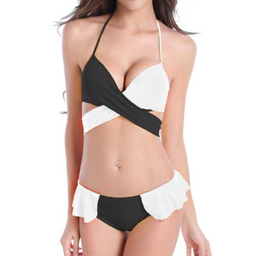 SWIMMART Sexy Halter Drawstring Patchwork Underwire Breathable Two Pieces Bikini Sets