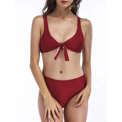 Solid Color Wireless Padded Front Lace-up Swimsuit