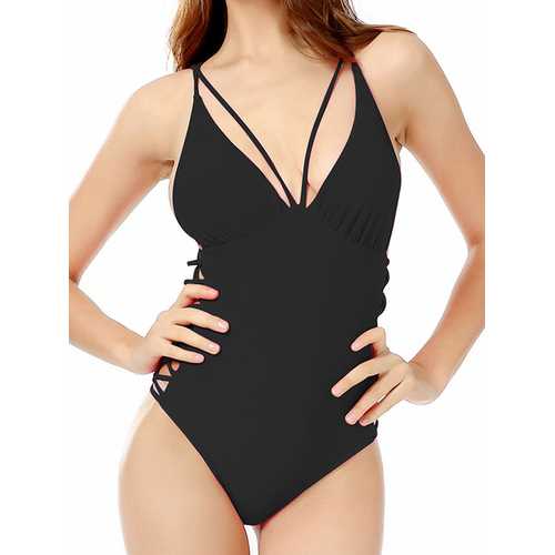 Wireless Padded Deep V Strappy Back One Piece Swimsuit