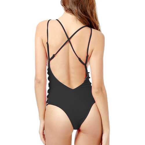 Wireless Padded Deep V Strappy Back One Piece Swimsuit