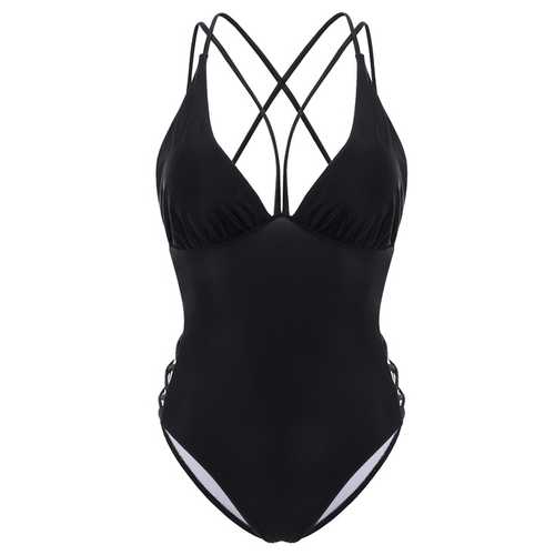 Wireless Padded Deep V Strappy Back One Piece Swimsuit