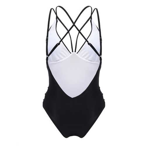 Wireless Padded Deep V Strappy Back One Piece Swimsuit