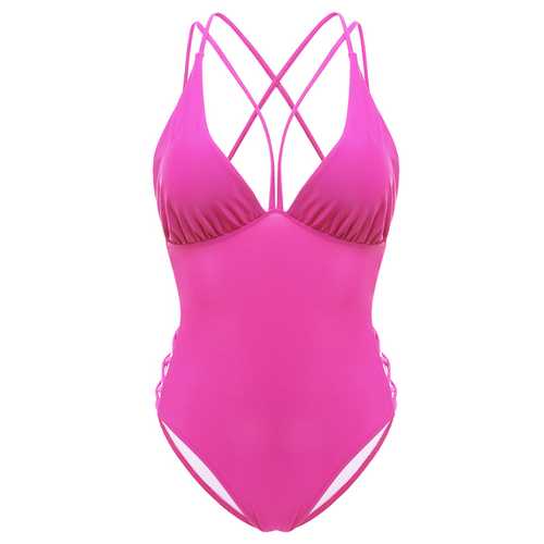 Wireless Padded Deep V Strappy Back One Piece Swimsuit