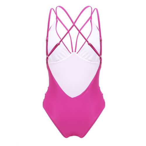 Wireless Padded Deep V Strappy Back One Piece Swimsuit