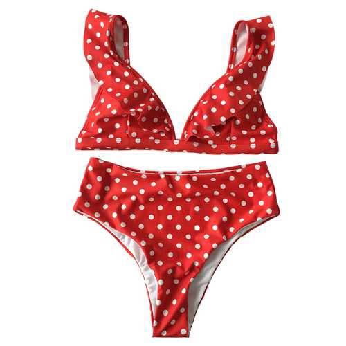 Polka Dot Ruffled Padded Tops High Waist Bottom Bikini Set