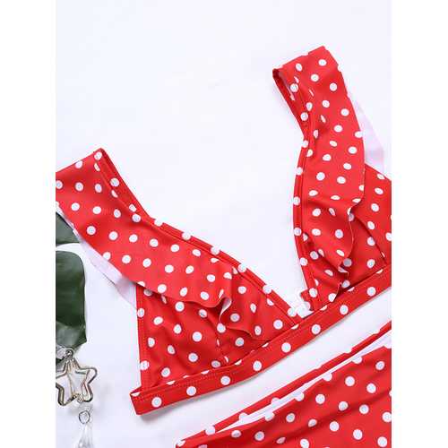 Polka Dot Ruffled Padded Tops High Waist Bottom Bikini Set