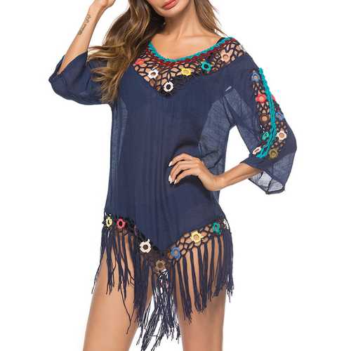 Tassel 3D Hook Flower Beach Sun Protection Cover-Ups