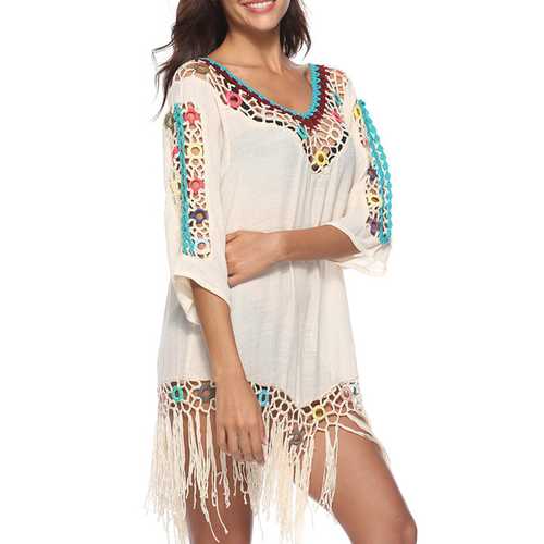 Tassel 3D Hook Flower Beach Sun Protection Cover-Ups