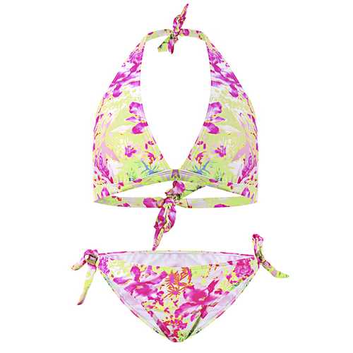 Floral Pattern Backless Bikini Halter Triangle Swimwear Sets