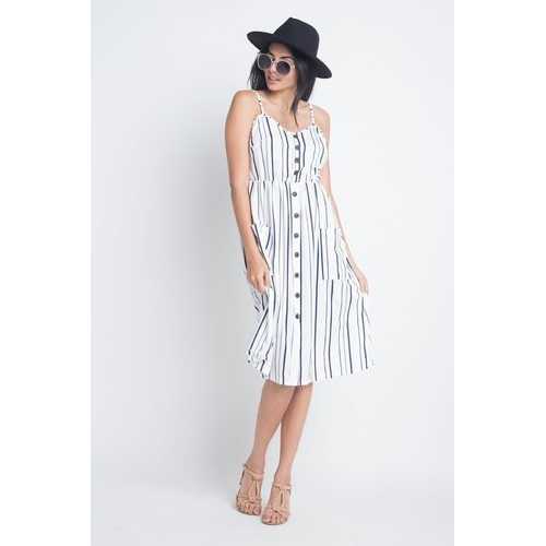 Women's Striped Button Midi Sleeveless Dress