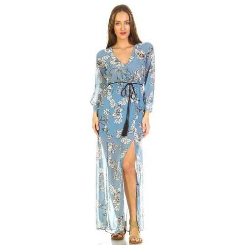 Women's Long Sleeve V-Neck Floral Belted Maxi with Side Slit