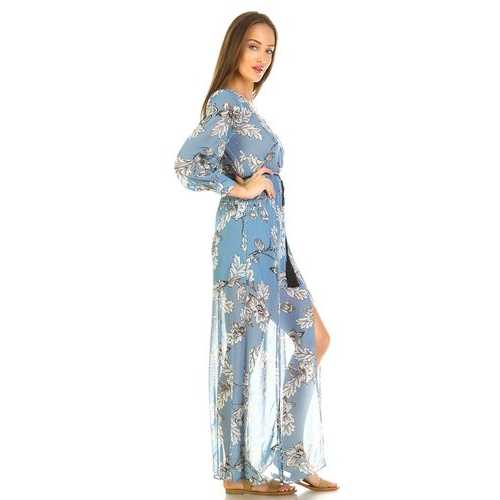 Women's Long Sleeve V-Neck Floral Belted Maxi with Side Slit