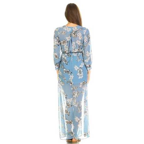 Women's Long Sleeve V-Neck Floral Belted Maxi with Side Slit