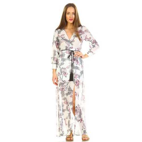 Women's Long Sleeve V-Neck Floral Belted Maxi with Side Slit