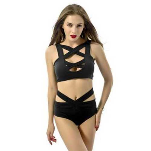 Black Sexy Split Bandage Crossover Bikini Suit