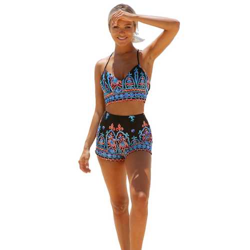 The new sexy and sweet suspender print two piece swimsuit