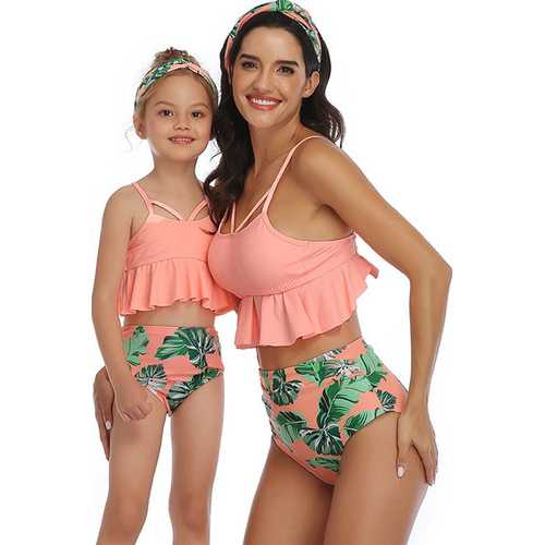 Glowing Ruffled Top and Printed Bottom High Waist Swimwear Orange