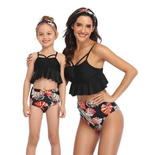 Glowing Ruffled Top and Printed Bottom High Waist Swimwear Black