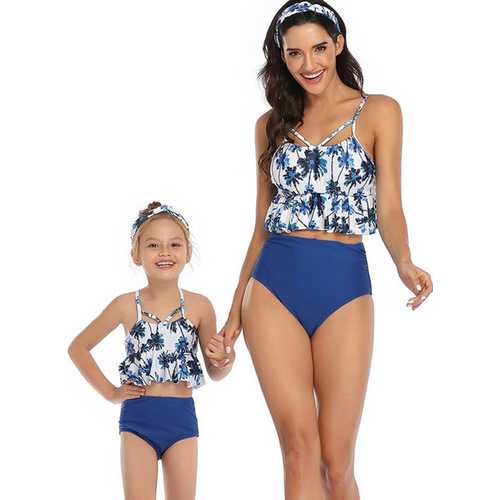 Floral Printed Top and Solid Bottom High Waist swimwear Set Blue