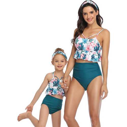 Floral Printed Top and Solid Bottom High Waist swimwear Set Dark Green