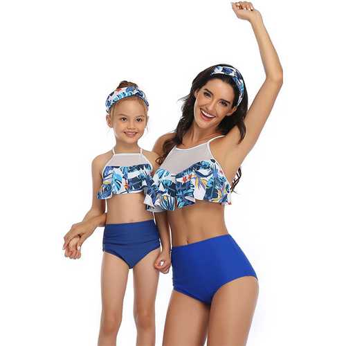 Blue Printed Top and Solid Bottom High Waist Swimwear Set