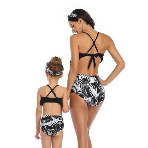 Black Solid Ruffled Top and Floral Printed Bottom High Waist Swimwear Set