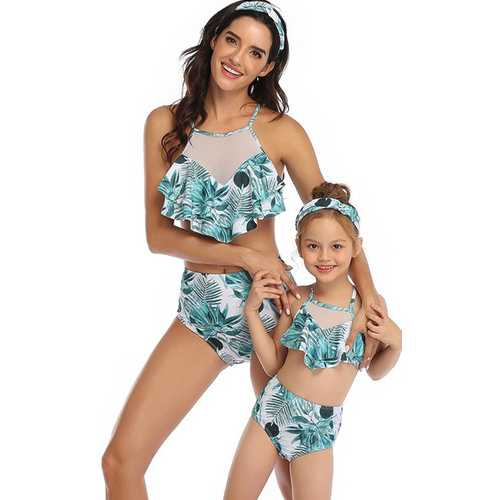 Blue Floral Printed Bottom and Ruffled Top High Waist Swimwear Set