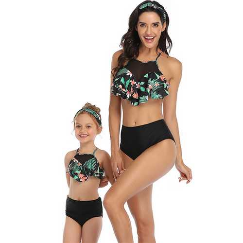 Floral Printed Ruffles Top and Black Solid Bottom High Waist Swimwear Set