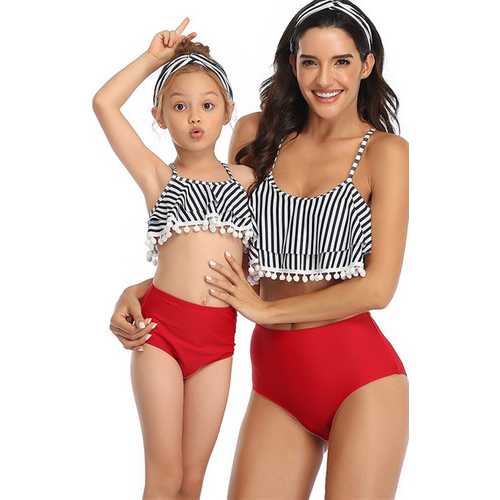 Striped White Tassel Top Red Solid Bottom Two Piece Swimsuit