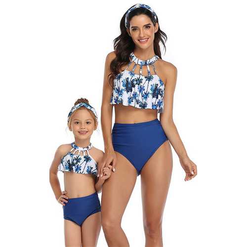 Blue Solid Bottom  Front Hollow Out  Floral Printed Top Two Piece Swimsuit