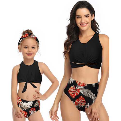 Black Front Knot Vest Floral Printed Bottom Two Piece Swimsuit