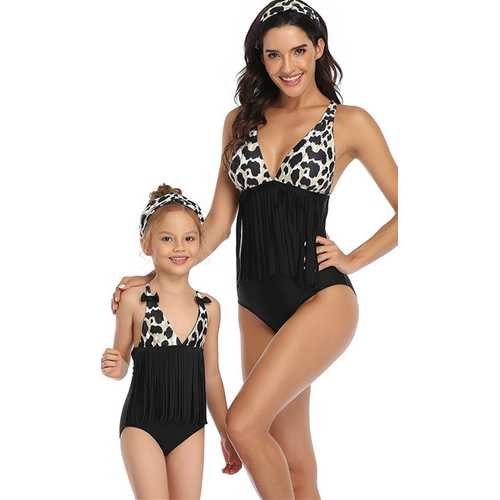 Top Floral Black Bottom Tassel Printed One Piece Swimsuit