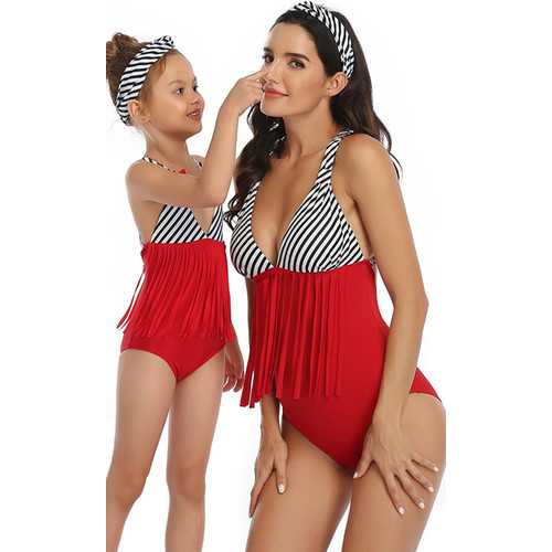 Top Striped Red Bottom Tassel Printed One Piece Swimsuit