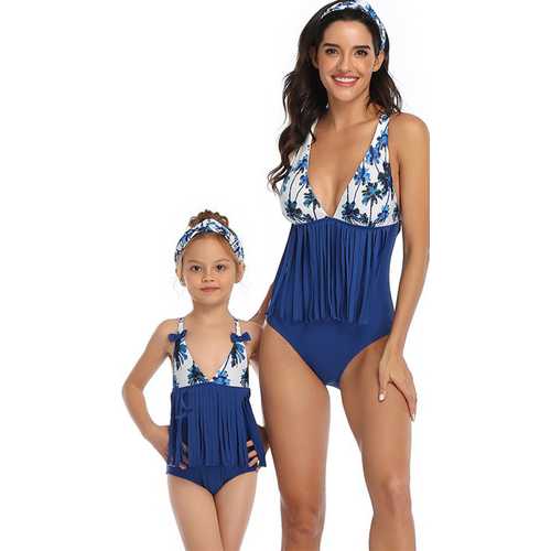 Top Floral Blue Bottom Tassel Printed One Piece Swimsuit