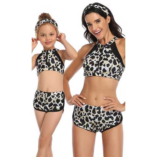 Leopard Printed Front Zipper and mesh Two Piece Swimsuit