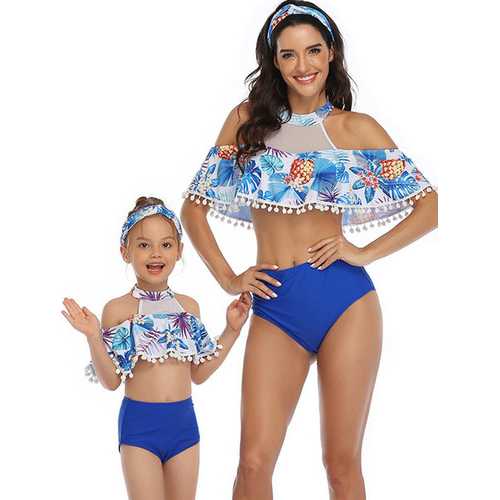 Blue Floral Printed Flounce Tassel Top Solid Bottom High waist swimwear