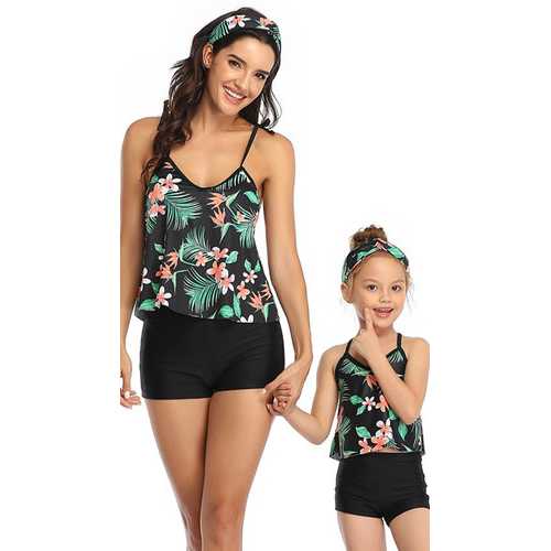 Black Floral Printed Top and Solid Bottom Two Piece Swimsuit