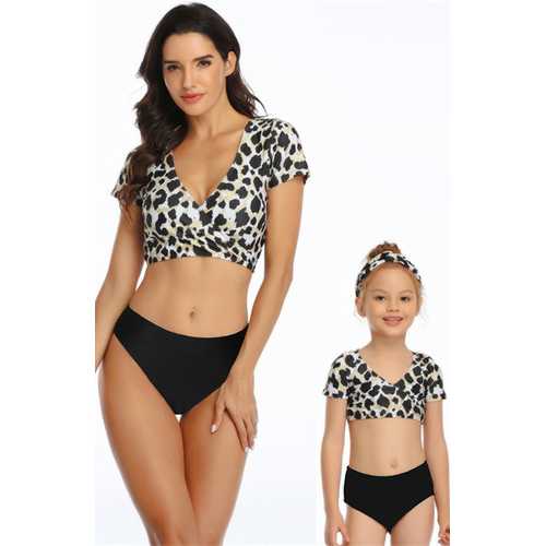 V-neck Leopard  Short Sleeve Top and Black Solid Bottom Swimsuit Set