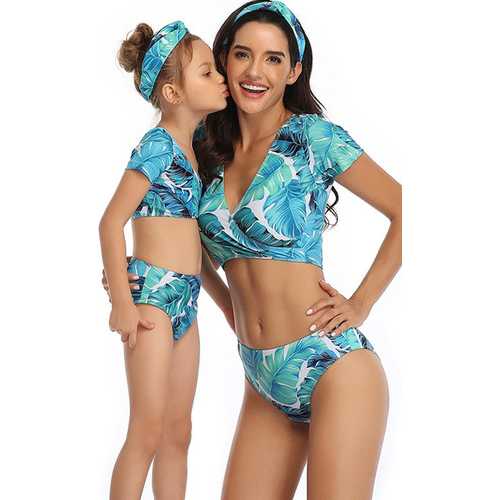 V-neck Blue Floral print Short Sleeve  Swimsuit Set