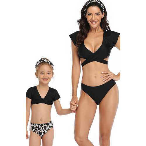 V-neck Short Sleeve Two Pieces  Matching Swimwear Black