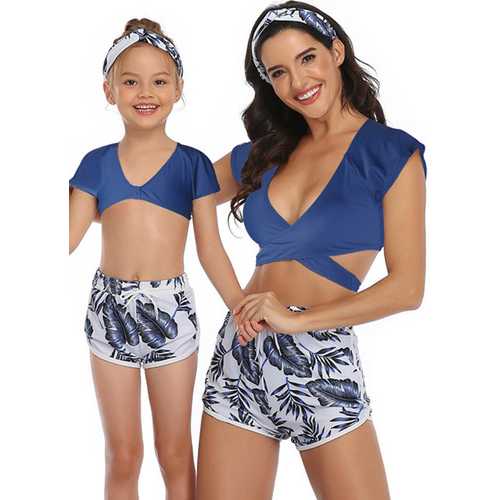 V-neck Short Sleeve Two Pieces Family  Matching Swimwear Blue